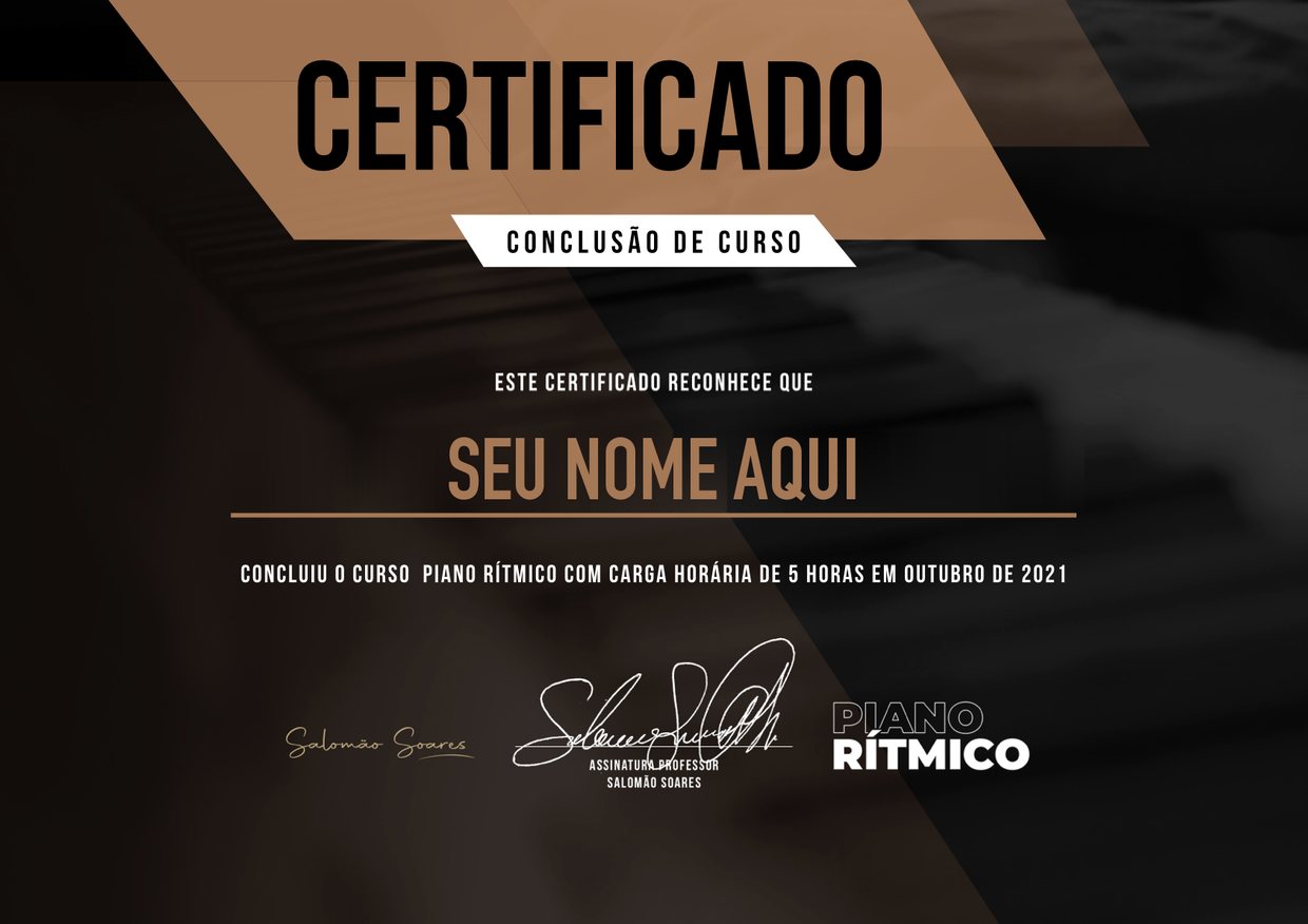 Modelo do certificado de conclusão da Escola Salomão Soares, com o campo do nome em branco, o curso Piano Rítmico e a assinatura de Salomão Soares