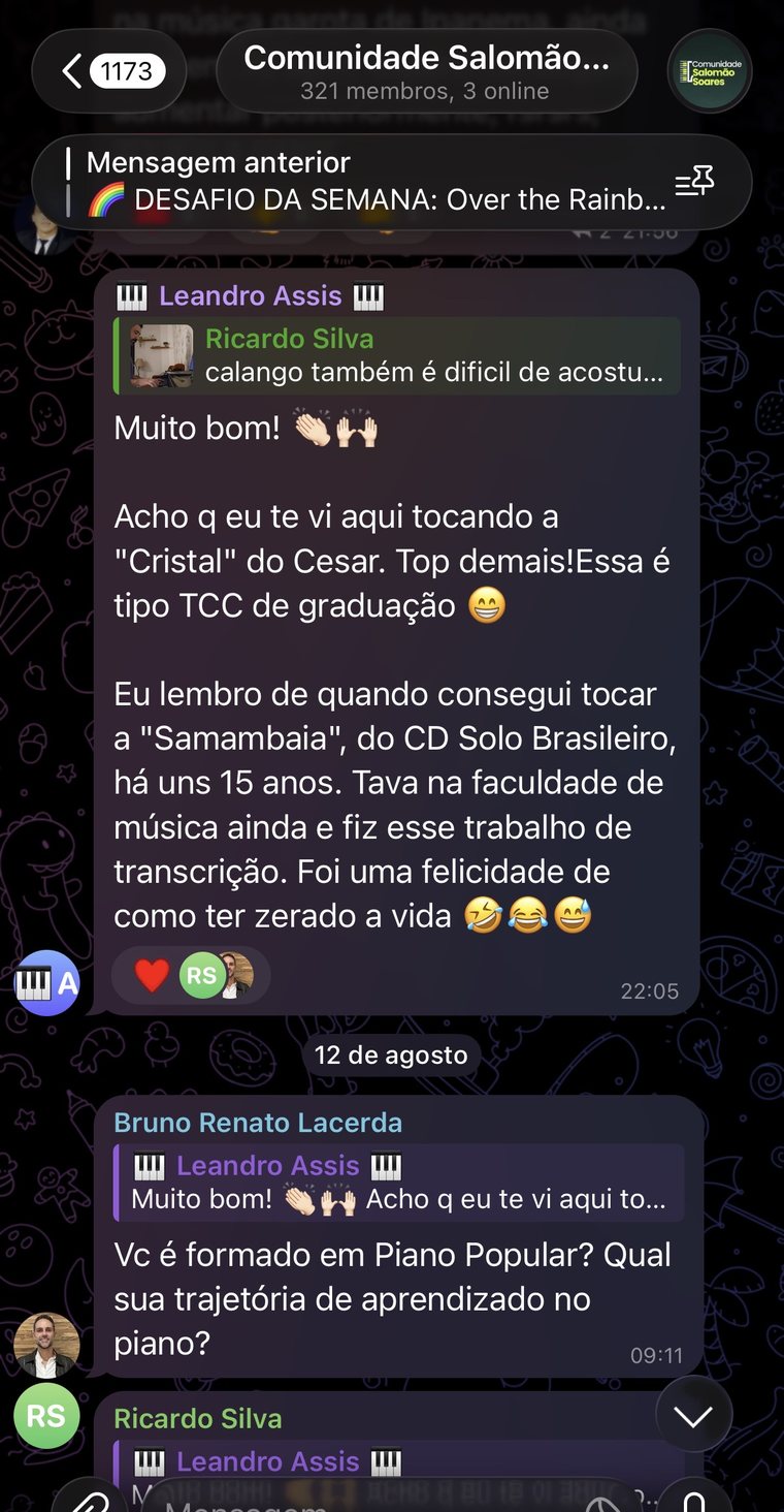 Aluno comenta a transcrição de Samambaia e elogia o arranjo de outro aluno na comunidade