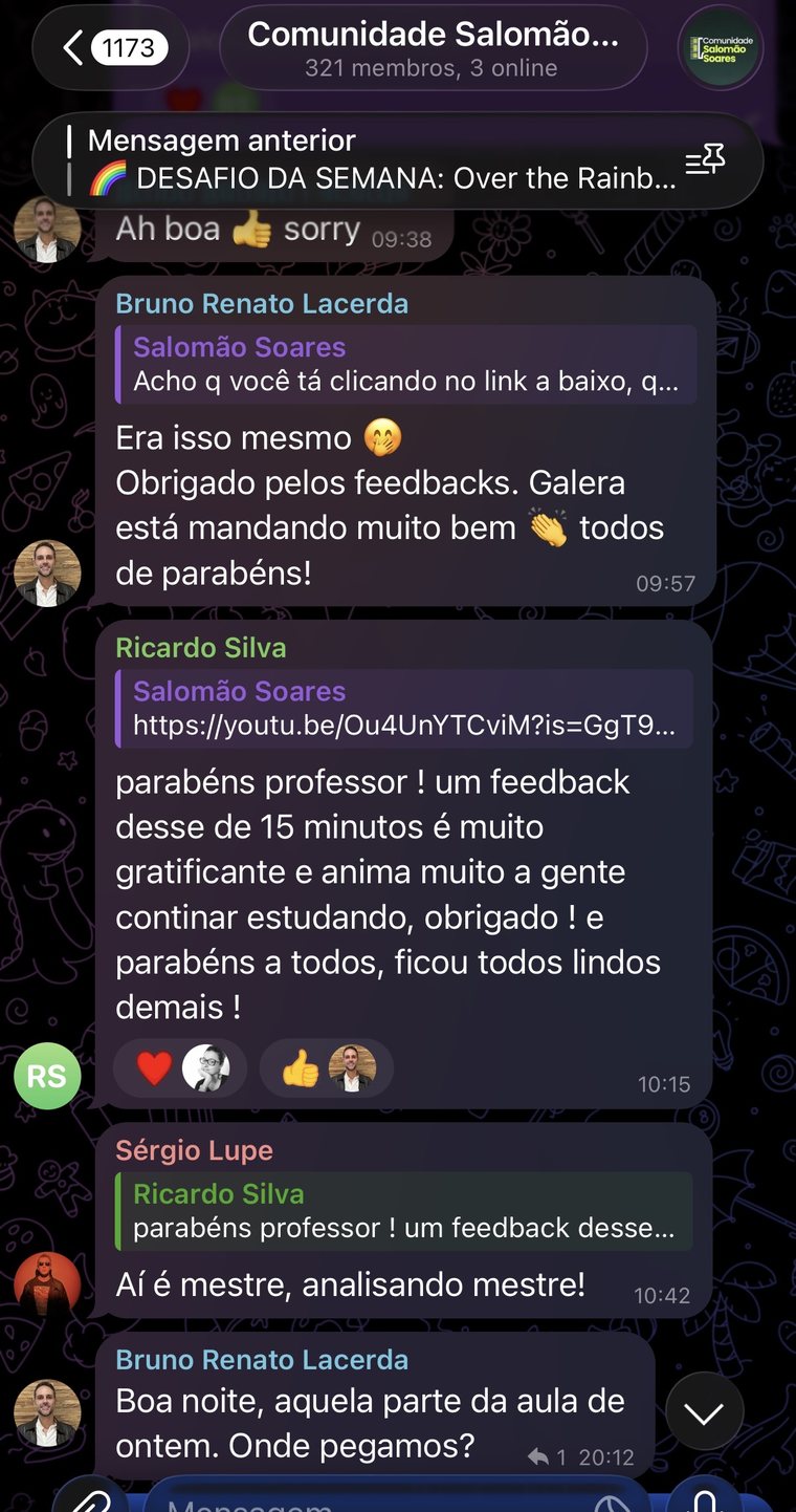 Alunos agradecendo o feedback em vídeo de 15 minutos sobre os exercícios da semana