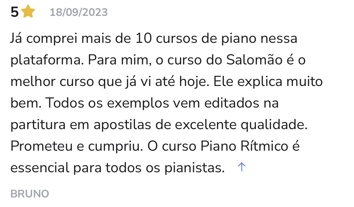 Bruno avalia o curso com 5 estrelas na Hotmart e diz que é o melhor curso de piano que já viu na plataforma