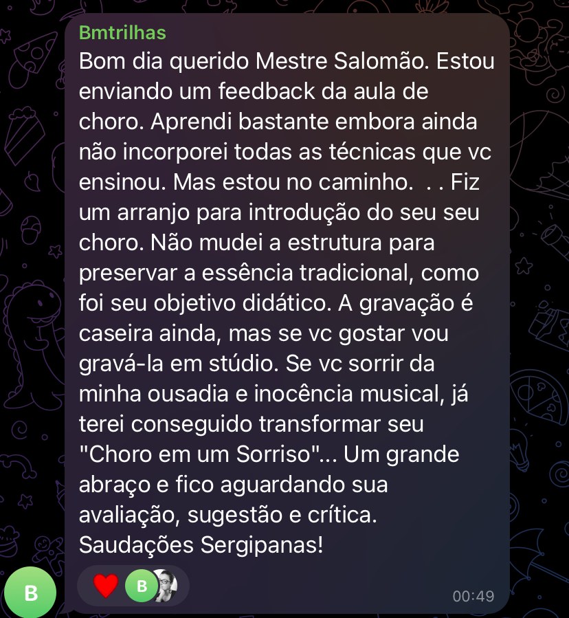 Bmtrilhas manda feedback da aula de choro e conta que fez um arranjo a partir do que aprendeu