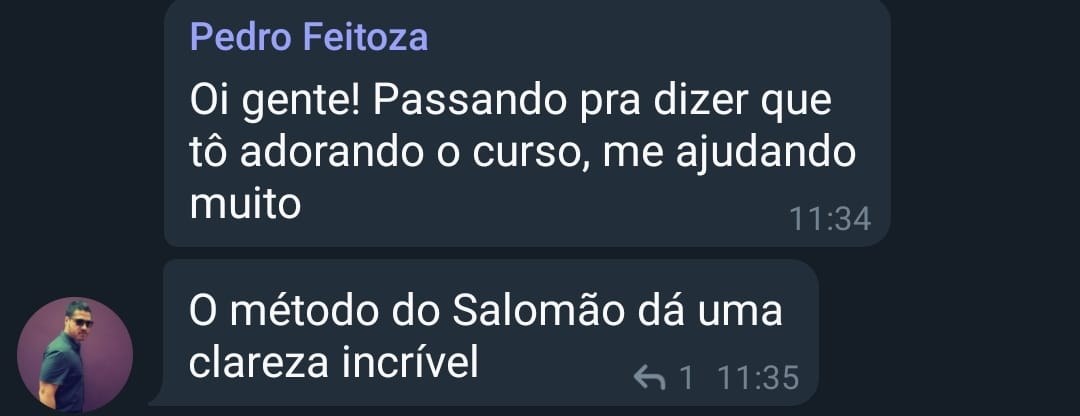 Pedro Feitoza diz que está adorando o curso e que o método do Salomão dá uma clareza incrível