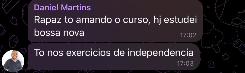 Daniel Martins conta que está amando o curso e estudando bossa nova e exercícios de independência
