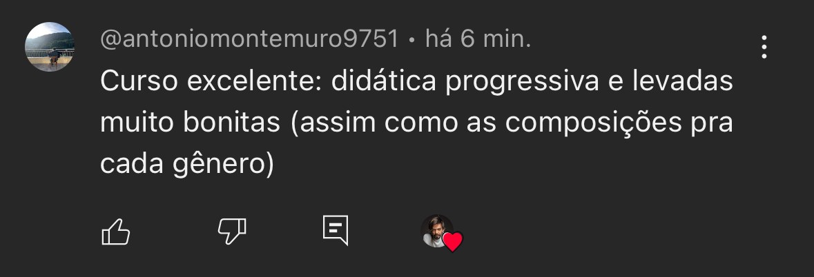 Comentário no YouTube elogiando a didática progressiva e as levadas do curso
