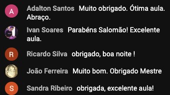 Comentários do YouTube na aula ao vivo sobre João Donato agradecendo e elogiando a aula