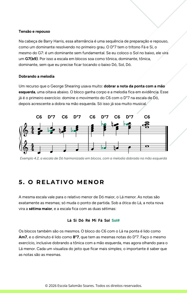 Página do material da aula ao vivo sobre Barry Harris: o texto da aula, a escala de Dó harmonizada em blocos na partitura e o relativo menor