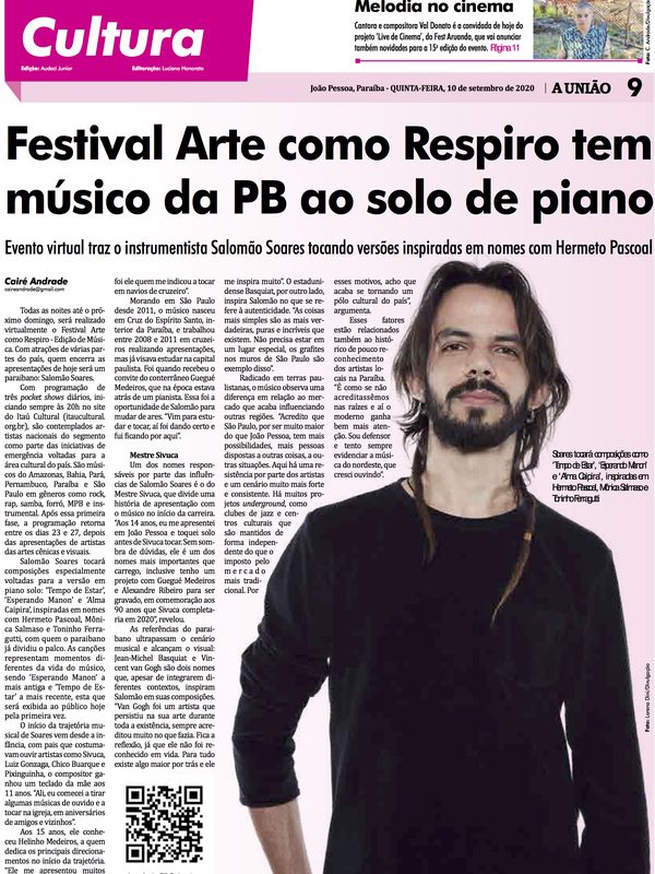 Página do jornal A União (João Pessoa, 10 de setembro de 2020): “Festival Arte como Respiro tem músico da PB ao solo de piano”